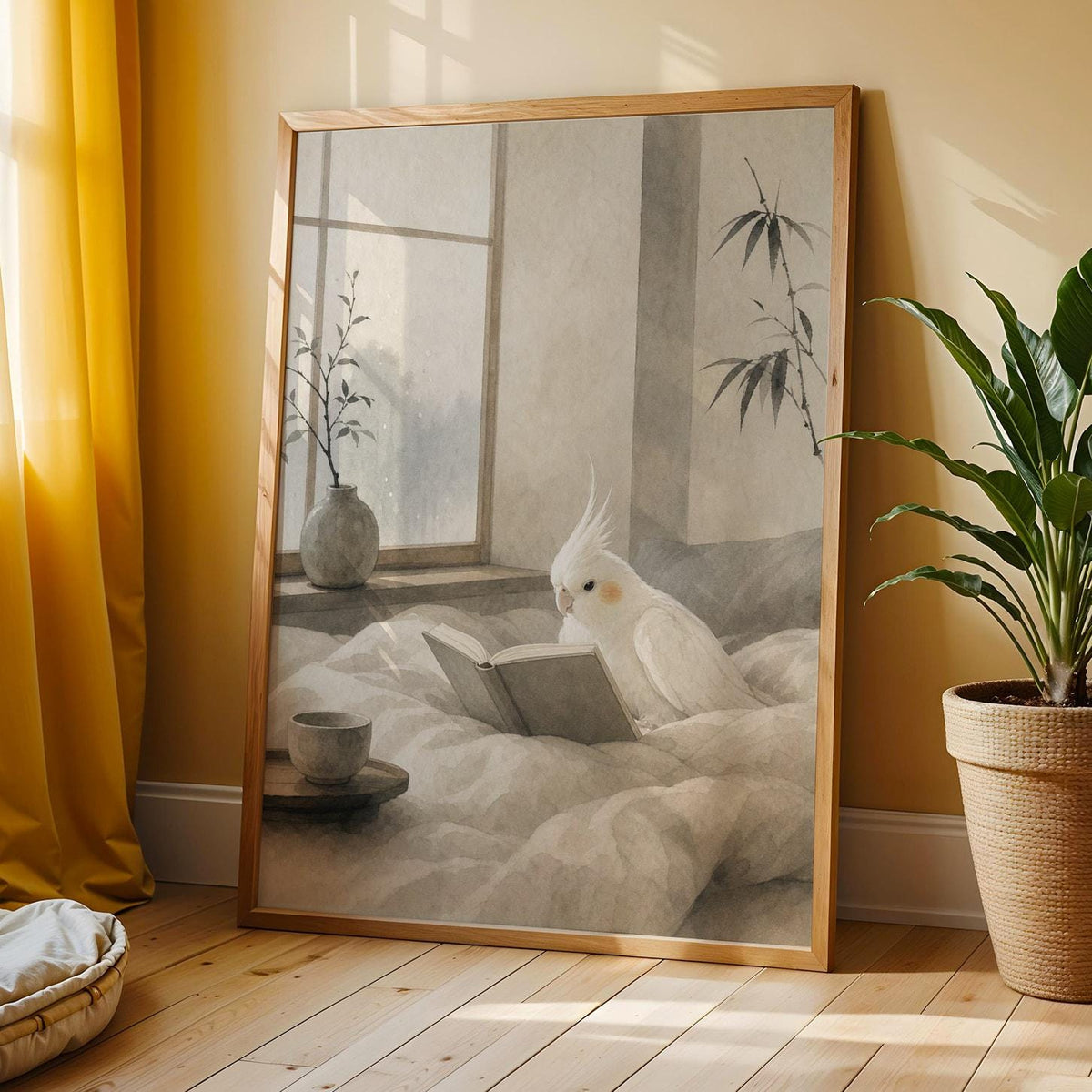 Albino Cockatiel Reading in Bed shown in a japanese zen sumi-e wall art print