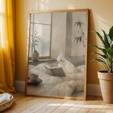 Albino Cockatiel Reading in Bed shown in a japanese zen sumi-e wall art print