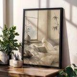 Decorative poster design featuring Albino Cockatiel Reading in Bed in japanese zen sumi-e style