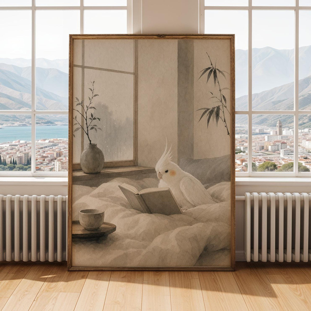 Print illustration of Albino Cockatiel Reading in Bed with japanese zen sumi-e artwork