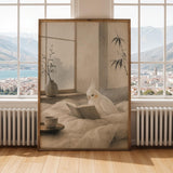 Print illustration of Albino Cockatiel Reading in Bed with japanese zen sumi-e artwork