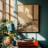 Light Silver Cockatiel Reading in Bed in a japanese zen sumi-e poster illustration