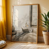 Poster artwork depicting Light Silver Cockatiel Reading in Bed in japanese zen sumi-e style