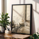 Light Silver Cockatiel Reading in Bed shown in a japanese zen sumi-e wall art print