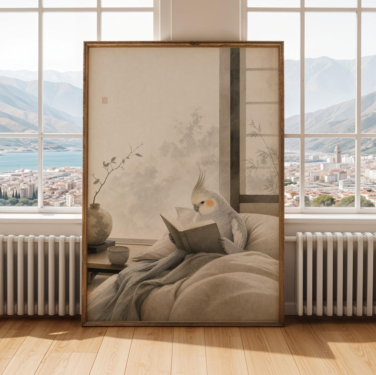 Decorative poster design featuring Light Silver Cockatiel Reading in Bed in japanese zen sumi-e style