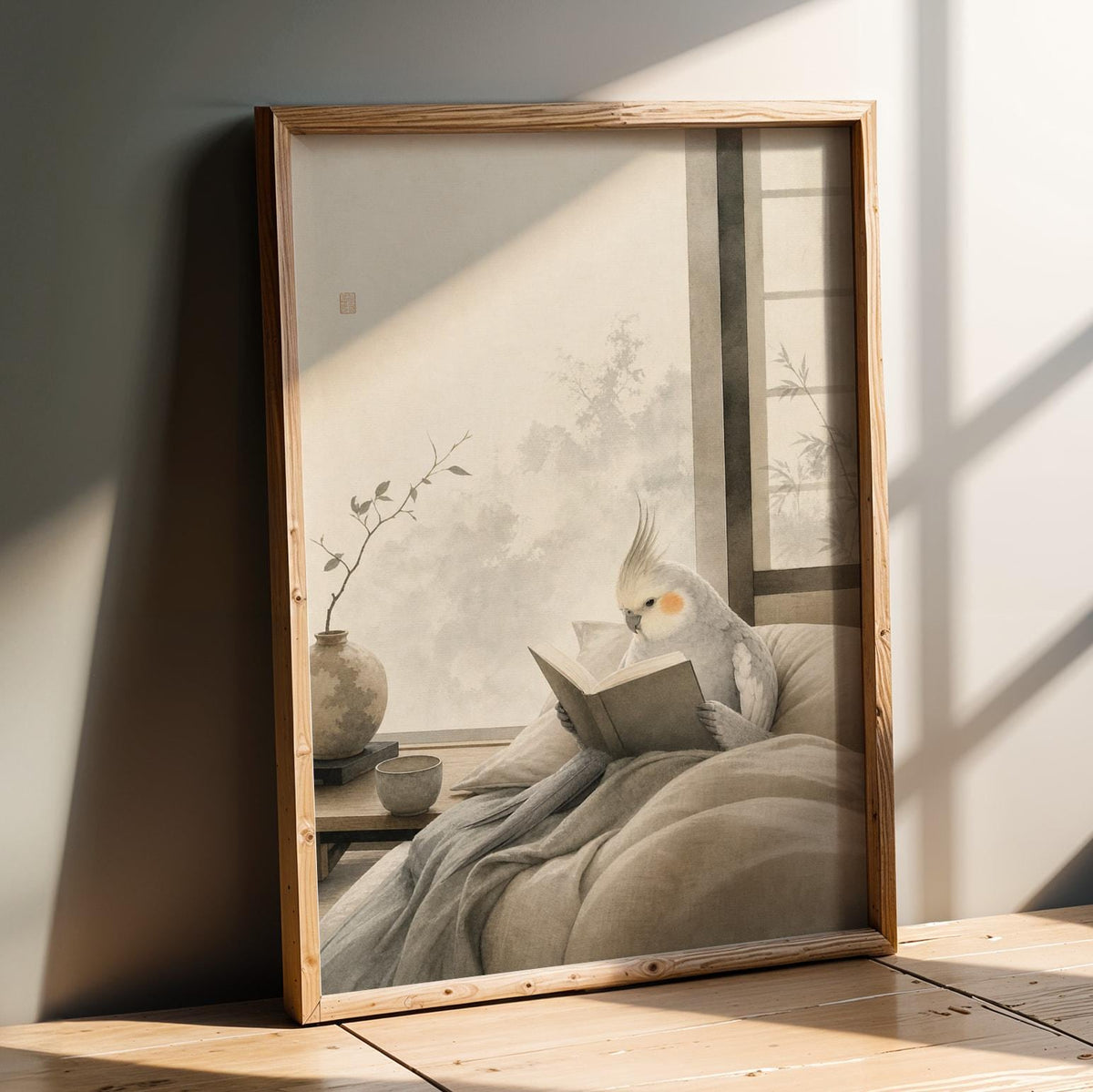 Wall art poster of Light Silver Cockatiel Reading in Bed in japanese zen sumi-e painted style