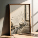 Wall art poster of Light Silver Cockatiel Reading in Bed in japanese zen sumi-e painted style