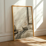 Artwork portraying Light Silver Cockatiel Reading in Bed in a japanese zen sumi-e composition