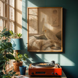 Poster artwork depicting Pearl Cockatiel Reading in Bed in japanese zen ink wash style