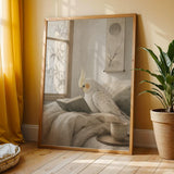 Pearl Cockatiel Reading in Bed shown in a japanese zen ink wash wall art print