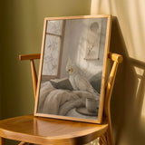 Pearl Cockatiel Reading in Bed depicted in a japanese zen ink wash art poster
