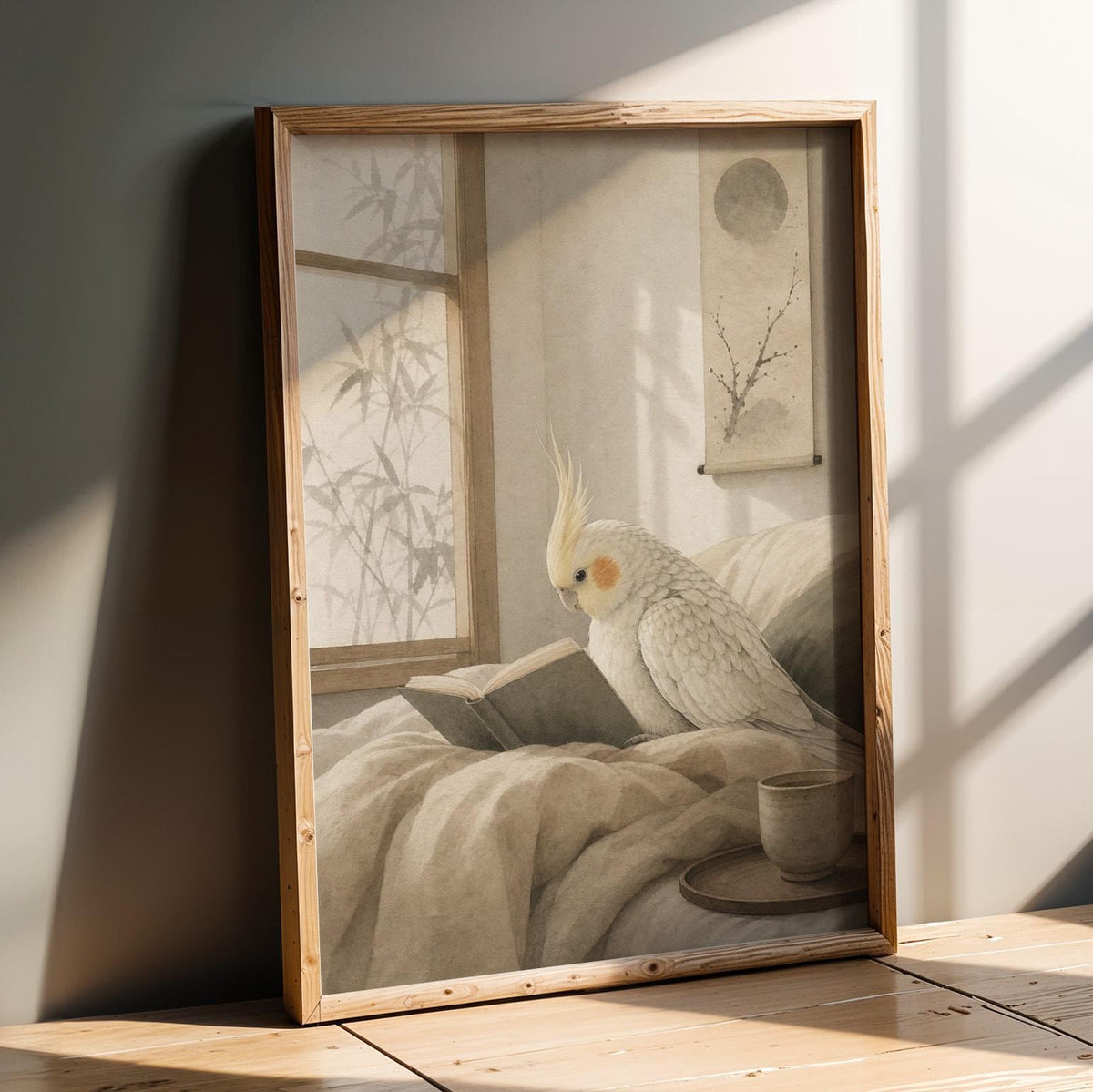 Artwork portraying Pearl Cockatiel Reading in Bed in a japanese zen ink wash composition
