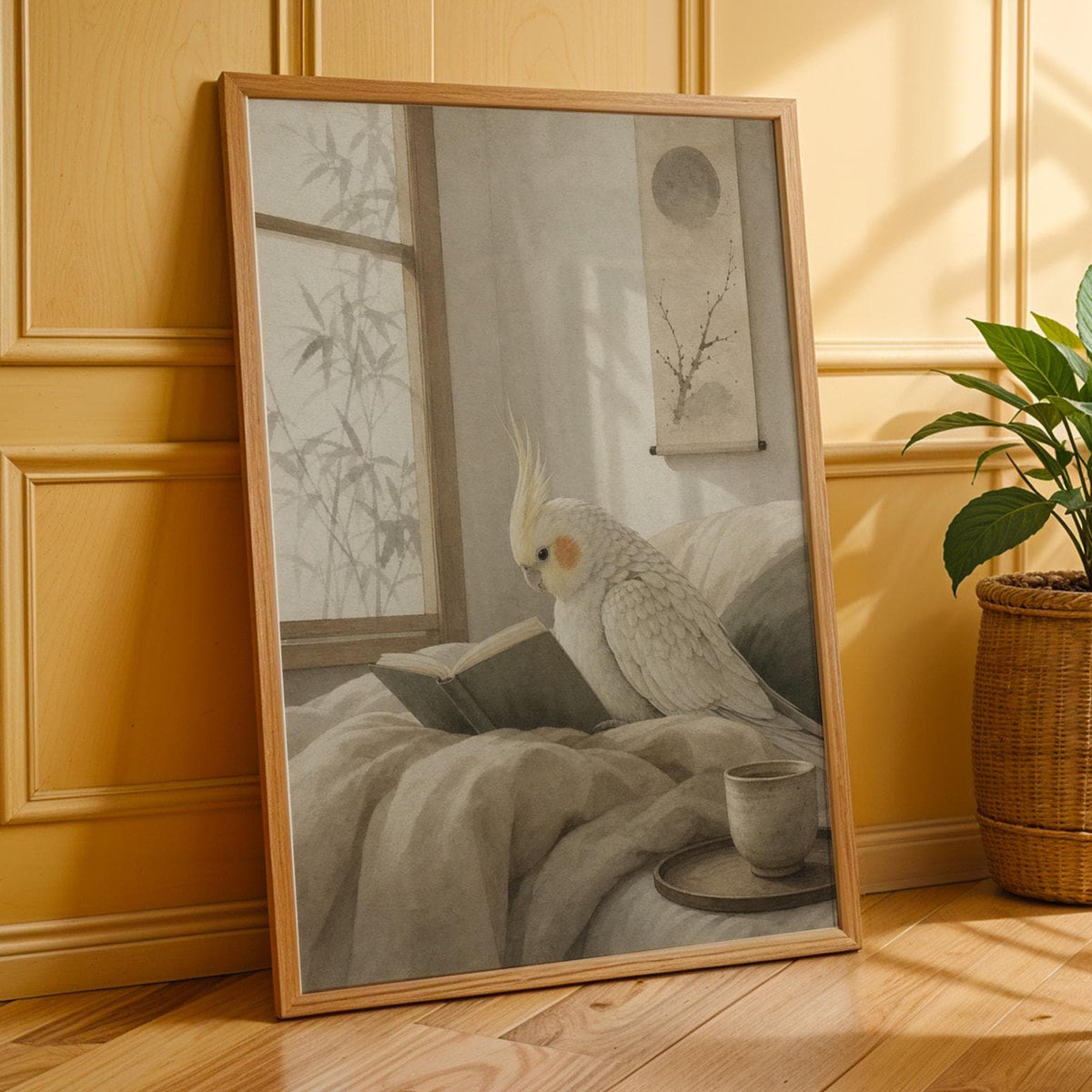 Poster print featuring Pearl Cockatiel Reading in Bed with japanese zen ink wash detailing