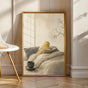 Roller Canary Reading in Bed in a japanese zen sumi-e poster illustration