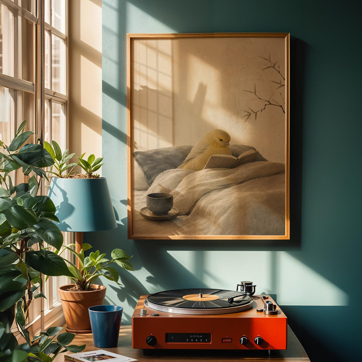 Poster artwork depicting Roller Canary Reading in Bed in japanese zen sumi-e style