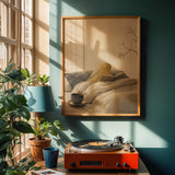Poster artwork depicting Roller Canary Reading in Bed in japanese zen sumi-e style