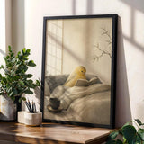 Decorative poster design featuring Roller Canary Reading in Bed in japanese zen sumi-e style