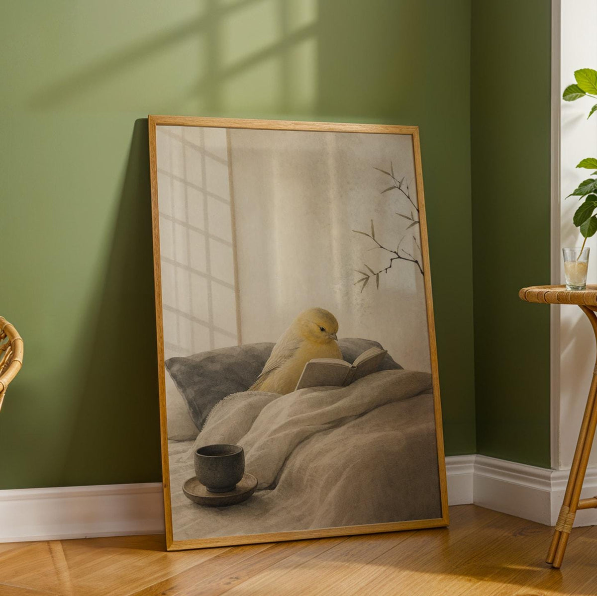 Wall art poster of Roller Canary Reading in Bed in japanese zen sumi-e painted style
