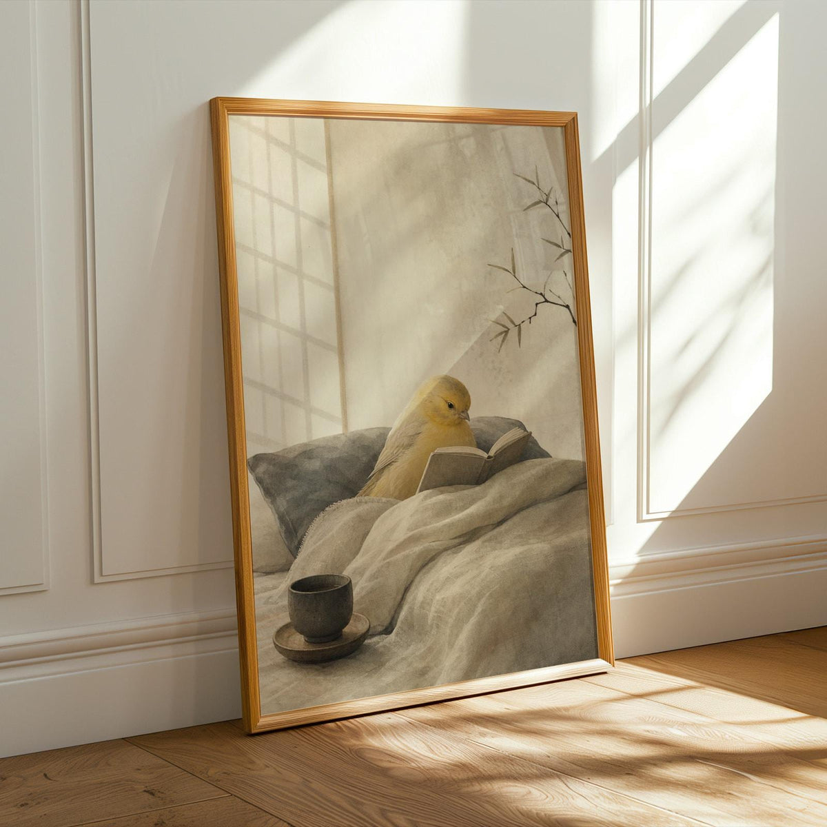 Roller Canary Reading in Bed illustration for a japanese zen sumi-e paper poster