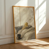Roller Canary Reading in Bed illustration for a japanese zen sumi-e paper poster