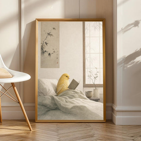 American Singer Canary Reading in Bed in a japanese zen sumi-e poster illustration