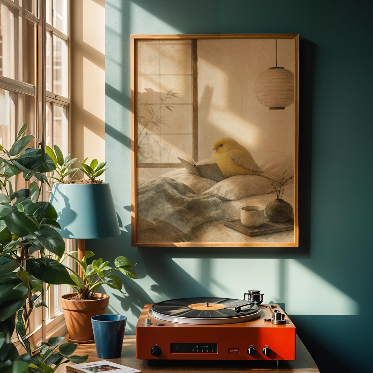 Poster artwork depicting Gloster Canary Reading in Bed in japanese zen sumi-e style
