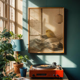 Poster artwork depicting Gloster Canary Reading in Bed in japanese zen sumi-e style