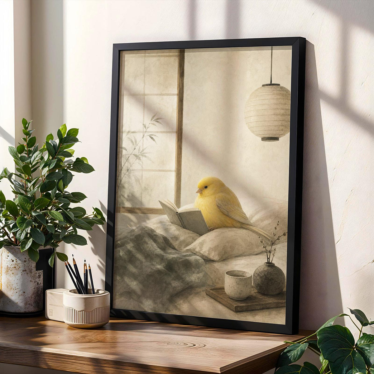 Decorative poster design featuring Gloster Canary Reading in Bed in japanese zen sumi-e style