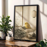 Decorative poster design featuring Gloster Canary Reading in Bed in japanese zen sumi-e style