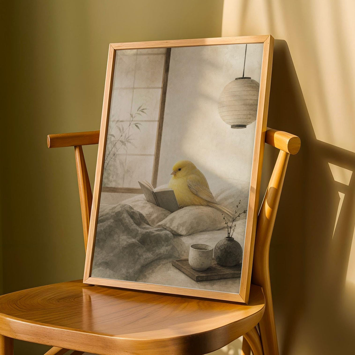 Gloster Canary Reading in Bed depicted in a japanese zen sumi-e art poster