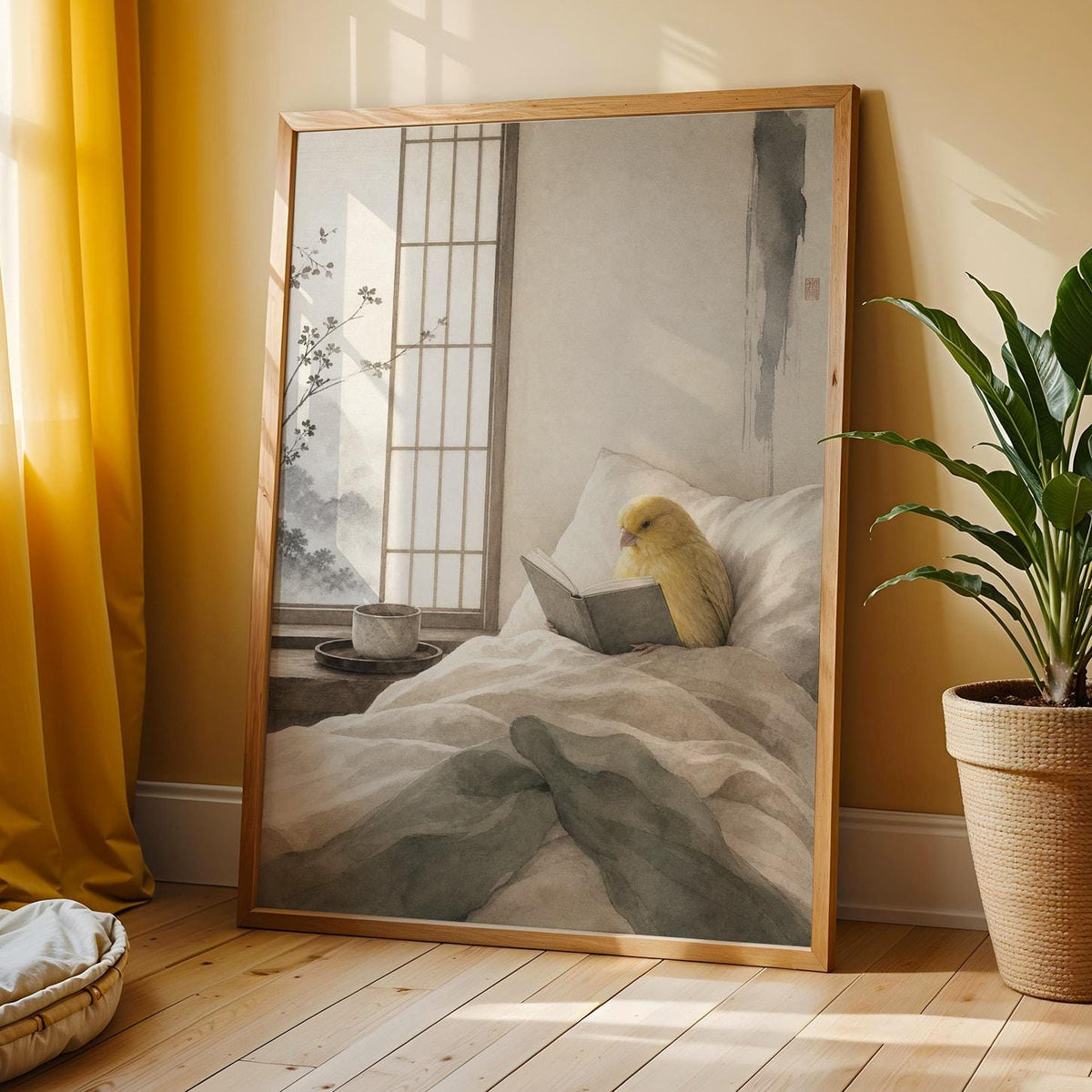Waterslager Canary Reading in Bed shown in a japanese zen sumi-e wall art print