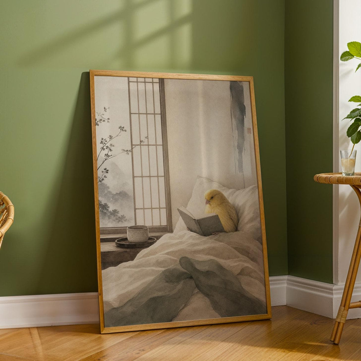Wall art poster of Waterslager Canary Reading in Bed in japanese zen sumi-e painted style
