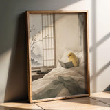 Artwork portraying Waterslager Canary Reading in Bed in a japanese zen sumi-e composition