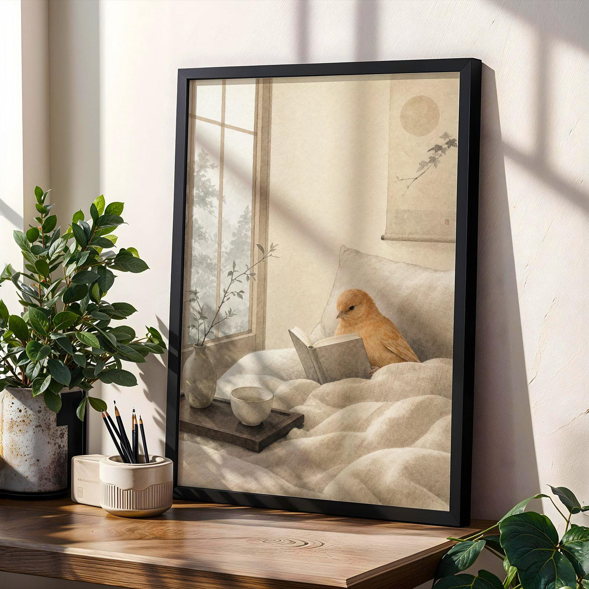 Decorative poster design featuring Cinnamon Canary Reading in Bed in japanese zen sumi-e style
