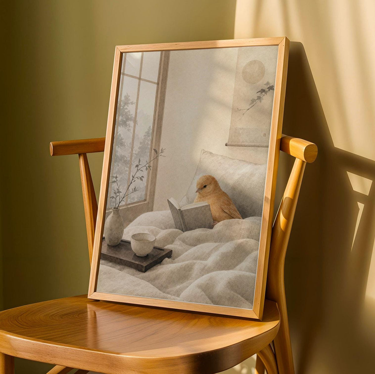 Cinnamon Canary Reading in Bed depicted in a japanese zen sumi-e art poster