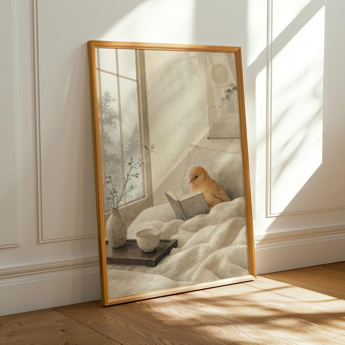 Cinnamon Canary Reading in Bed illustration for a japanese zen sumi-e paper poster