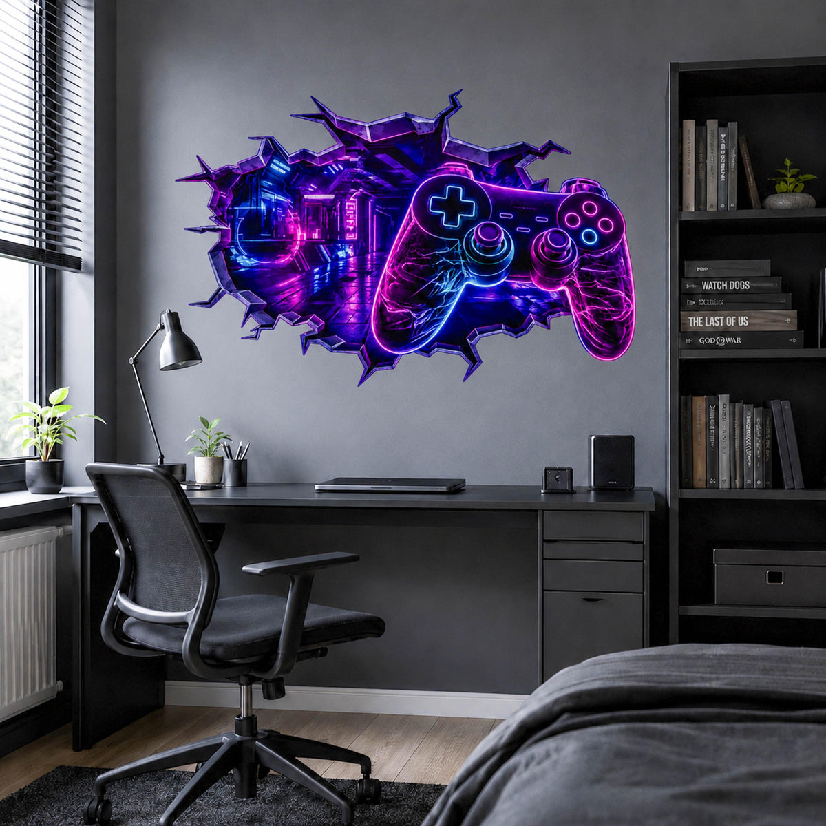 Neon video game controller wall decal featuring a glowing controller in a futuristic broken wall design