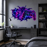 Neon video game controller wall decal featuring a glowing controller in a futuristic broken wall design