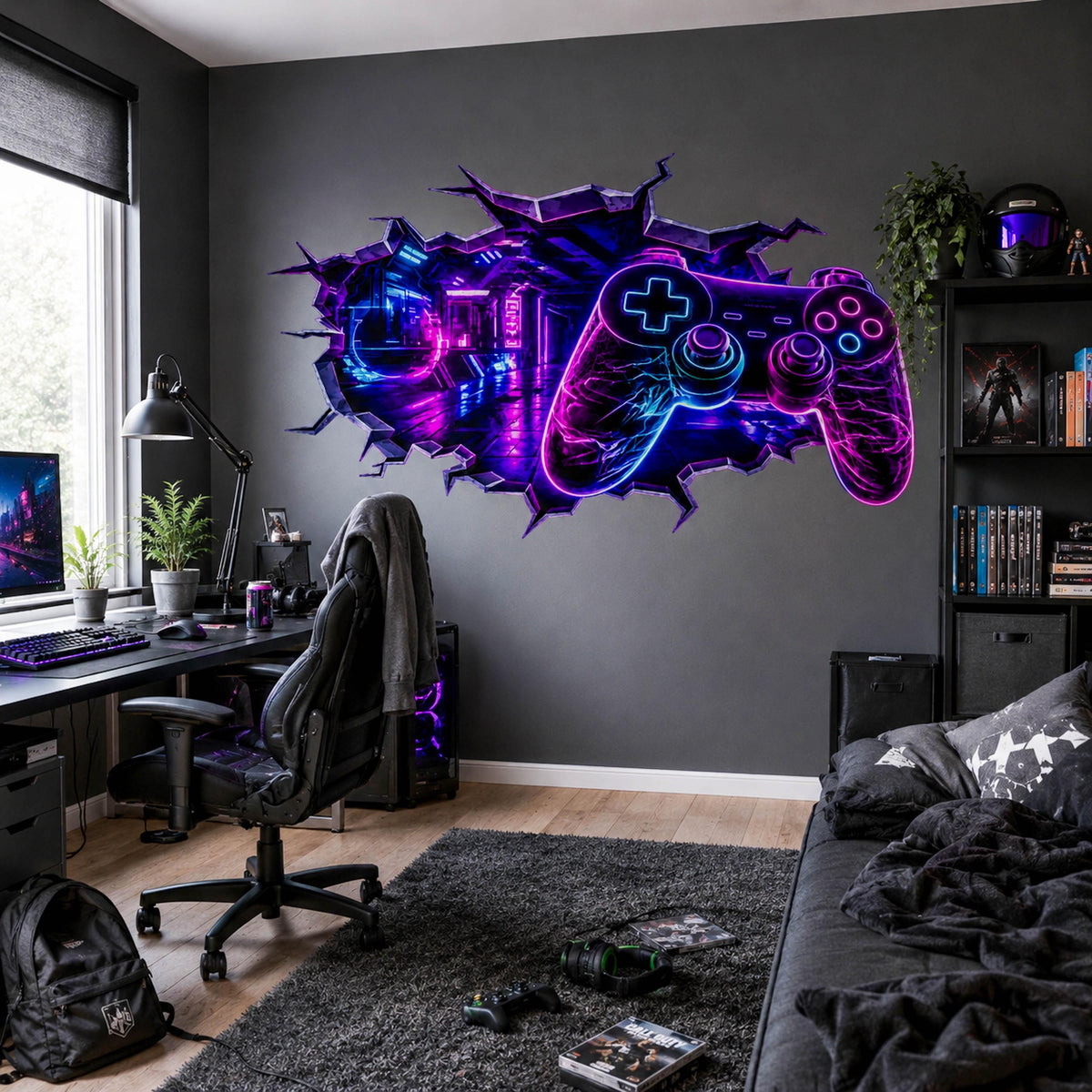 Printed vinyl wall art showing a glowing controller in a futuristic broken wall design