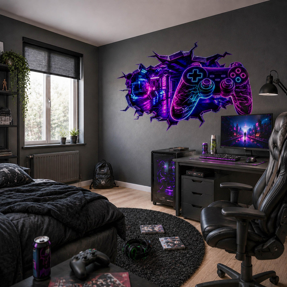 Neon video game controller wall decal artwork with a glowing controller in a futuristic broken wall design