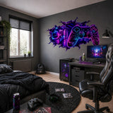 Neon video game controller wall decal artwork with a glowing controller in a futuristic broken wall design