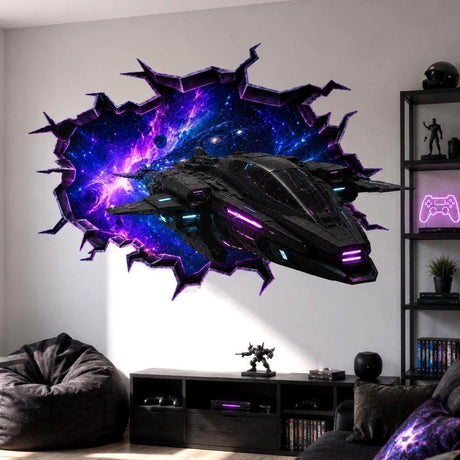 Neon spaceship galaxy wall decal featuring a spaceship and bright celestial scene framed by broken wall graphics