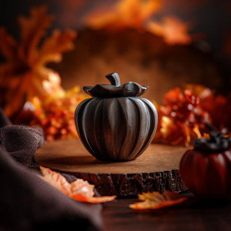 3D printed pumpkin memorial urn featuring rounded pumpkin ridges and a stem shaped lid