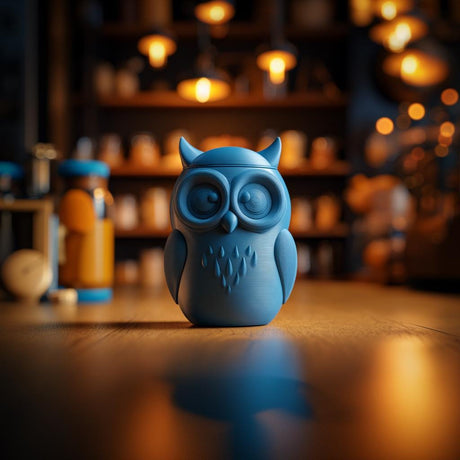 3D printed owl memorial urn featuring a rounded owl with wing and feather relief