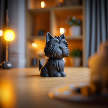 3D printed schnauzer memorial urn featuring a sitting dog with distinctive beard details