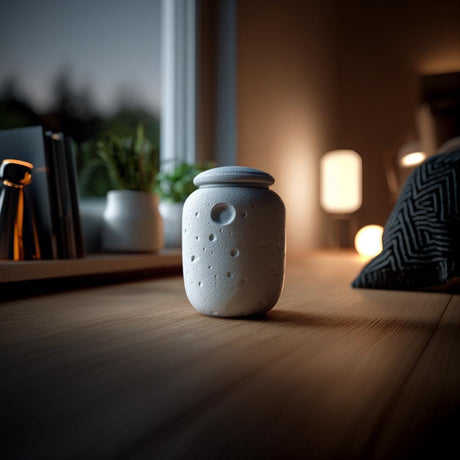 3D printed moon crater memorial urn featuring a round celestial vessel with textured cratered surface