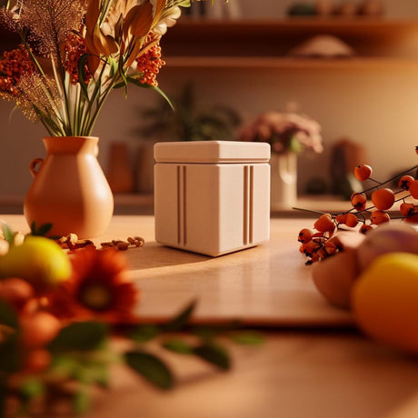 3D printed minimalist pet memorial urn featuring a square vessel with subtle architectural grooves