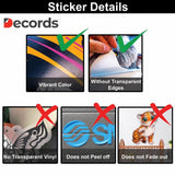 Decords sticker details infographic comparing printed colors, cut edges and different vinyl decal finishes.