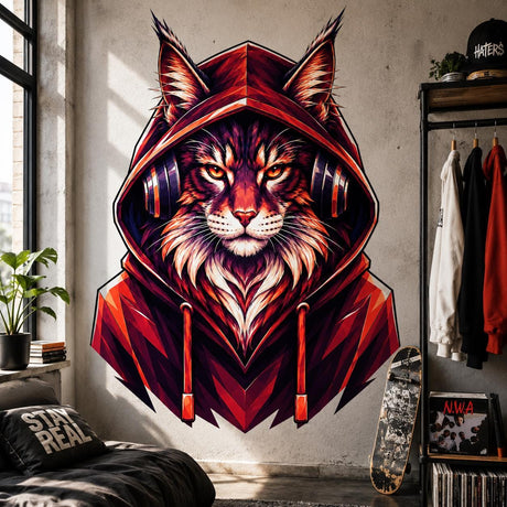 Long-haired cat in a deep red hood wearing headphones, illustrated in angular red, orange, purple and navy shapes.