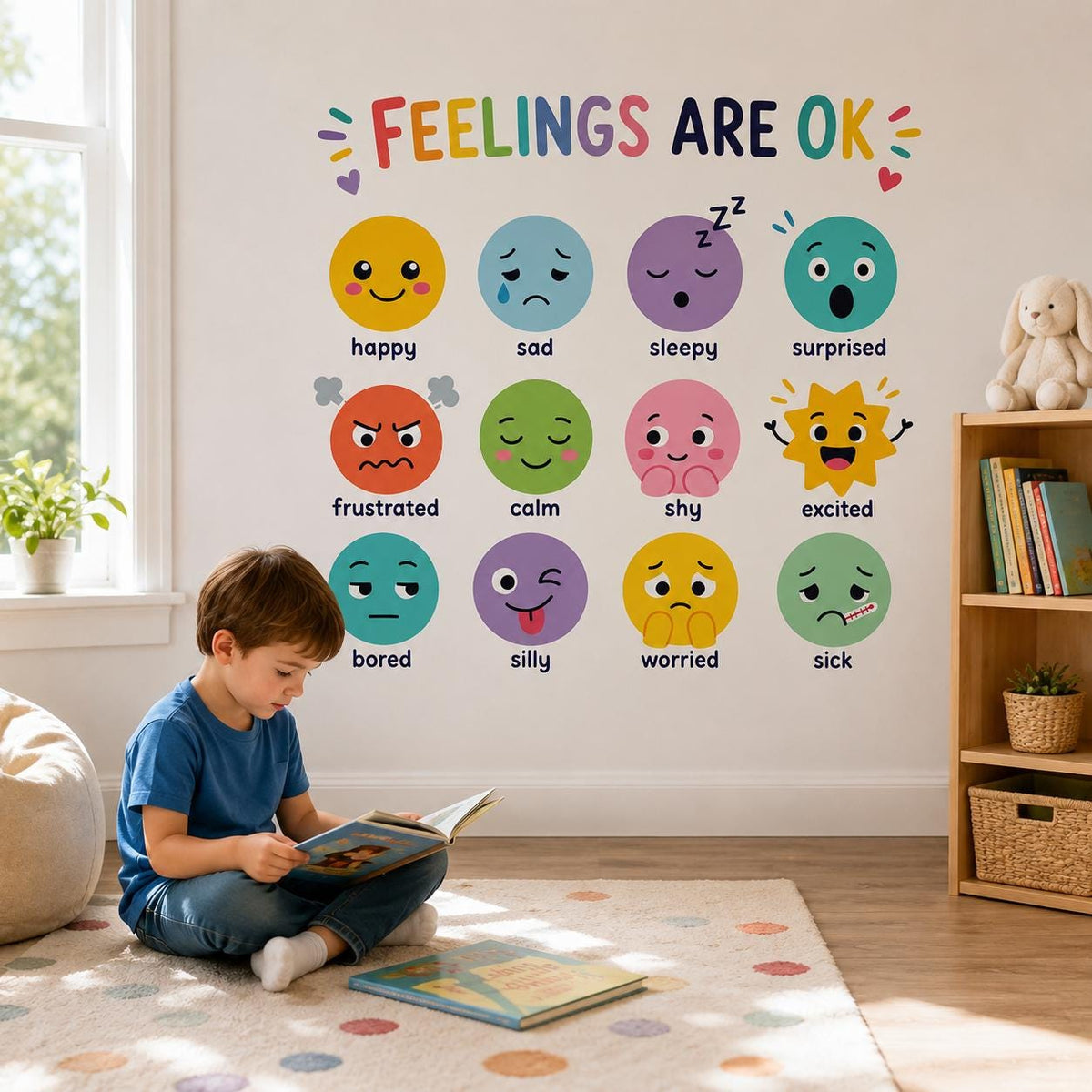 Illustrated kids emotions chart wall sticker depicting FEELINGS ARE OK lettering with twelve cartoon faces showing different emotions